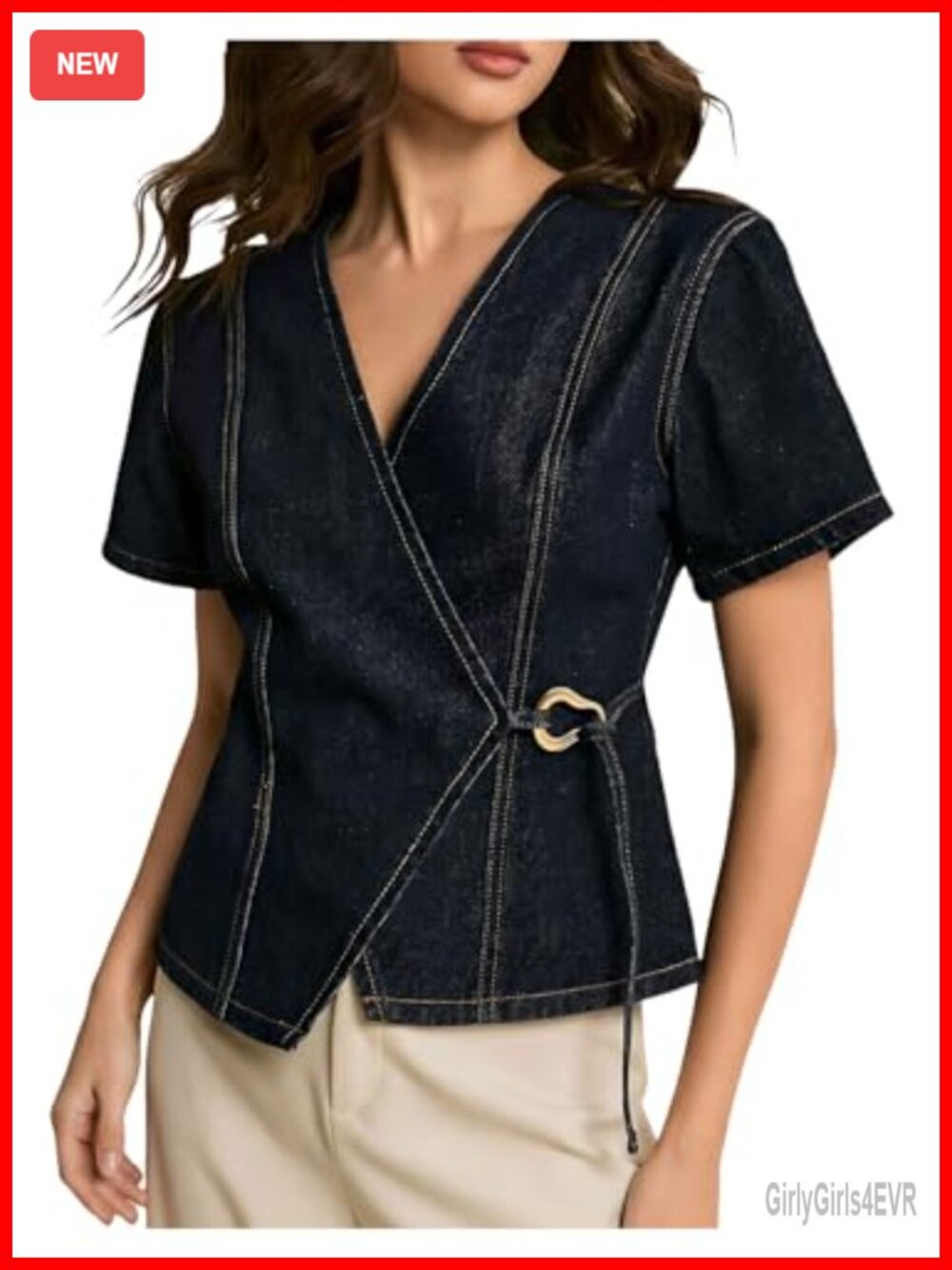 Denim Wrap Top Short Sleeve V-Neck Tie Waist Asymmetrical Hem Blouse